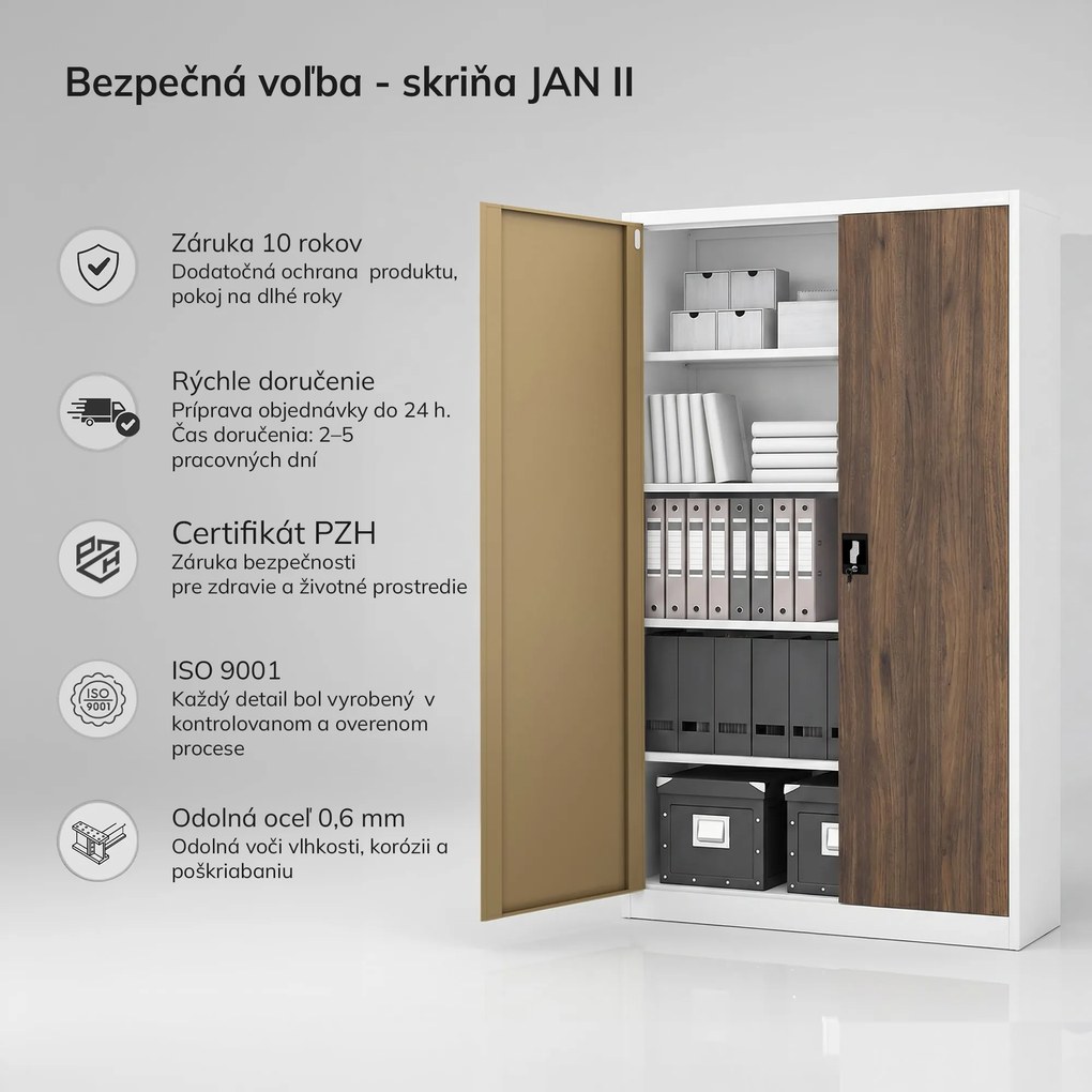 Kovová kancelárska skriňa na spisy biela / orech, 1150x1850x400 mm: JAN II Eco Design
