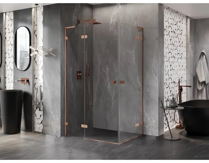 Mexen Lunar, L Duo výklopný sprchový kút 120 x 115 cm, 8mm číre sklo, profil medená matná, 834L-120L-115P-65-00