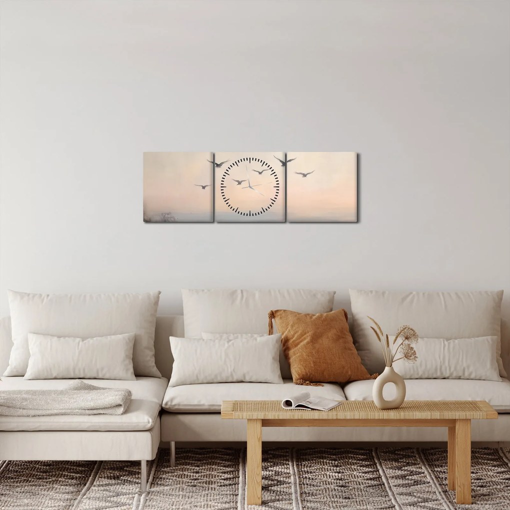 Obraz - Hejno vtákov (s hodinami) (90x30 cm)