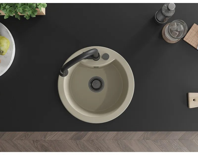 Mexen Diego, 1-komorový granitový drez 488x488x167 mm a drezová batéria Elia, béžová, 6512-69-670101-70