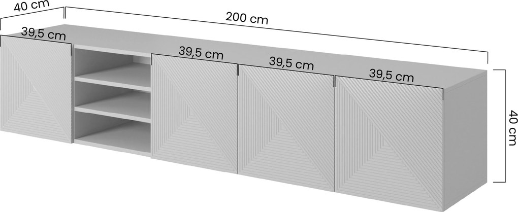 Závesná TV skrinka Asha 200 cm s ryhovaným čelom a výklenkom - dub artisan / rivier stone mat