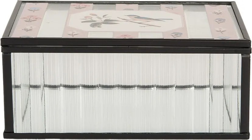 Čierna antik kovová sklenená šperkovnica s vtáčikom - 15*10*6 cm