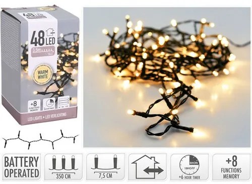 LED Vianočná vonkajšia reťaz teplá biela, 48x LED, 3,5 m, na batérie 3x AA, časovač, M