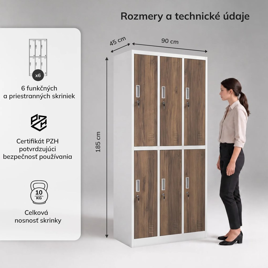 Šatňová skrinka BOZP 6-dverová biela/orech, 900x1850x450 mm: IGOR Eco Design