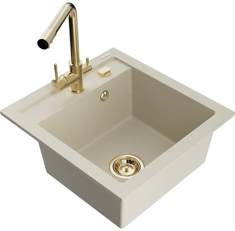 Mexen Vito, 1-komorový granitový drez 520x490x210 mm, zlatá batéria Duero, béžová, 6503-69-671600-50