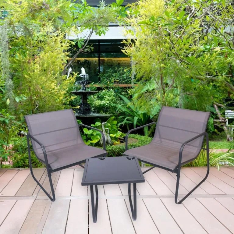 Záhradný relaxačný set stôl a 2 kreslá, oceľ, šedá