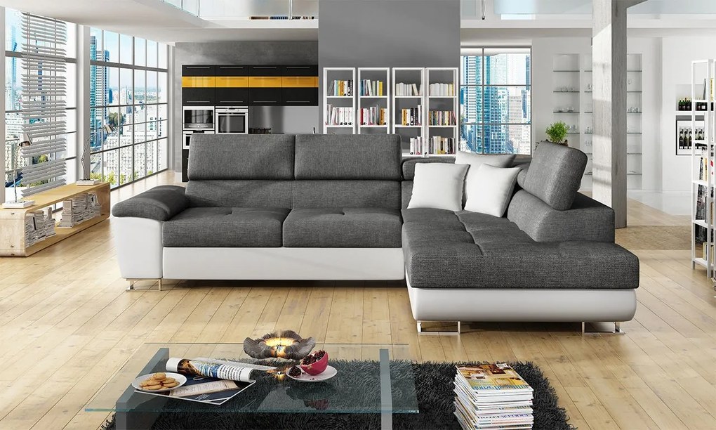 Rohová sedacia súprava do obývačky Alvin Sale, Dostupné poťahy: Ekokoža Soft 017 (biela) + Lux 06 + Ekokoža Soft 017 (biela), Strana: ľavá
