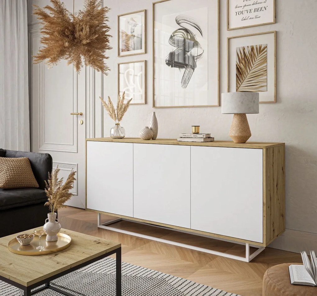 KOMODA ALWIN BIELA DUB ARTISAN BEZUCHYTKOVÁ + BIELY PODSTAVEC 153 cm