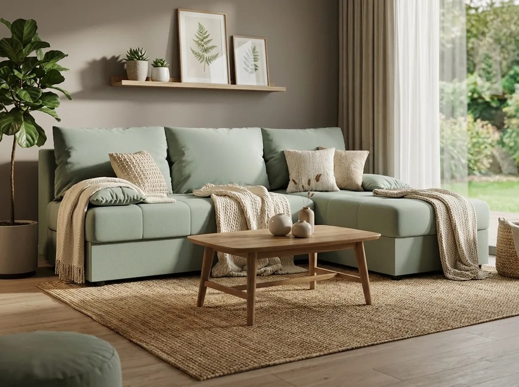 Rozkladacia obojstranná sedacia súprava do L VENORIA SLIM 200x143 cm, svetlozelená + 2 vankúšiky ZDARMA