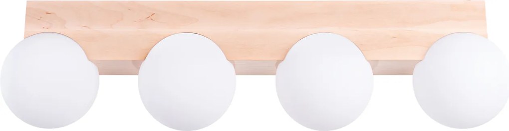 Stropné svietidlo Bulbo, 4x biele sklenené tienidlo, drevo