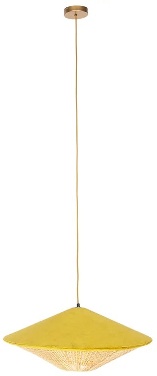 Rustikálne závesné svietidlo žltý zamat s ratanom 60 cm - Frills Can