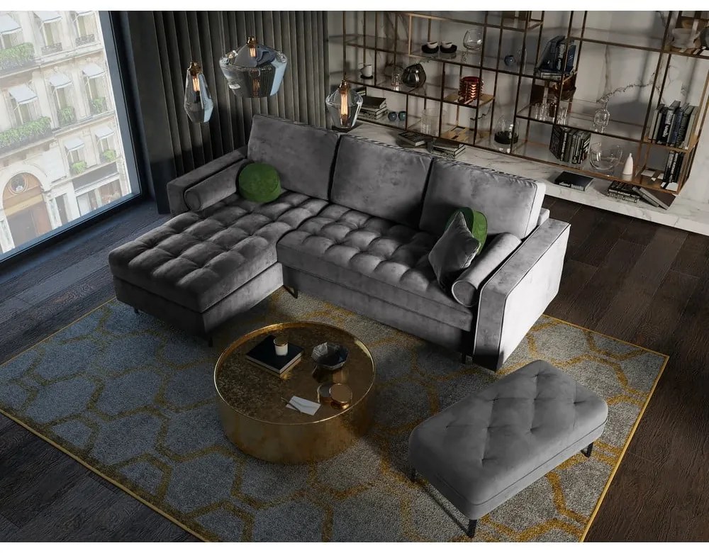 Tmavosivá zamatová rozkladacia rohová pohovka Milo Casa Santo, ľavý roh