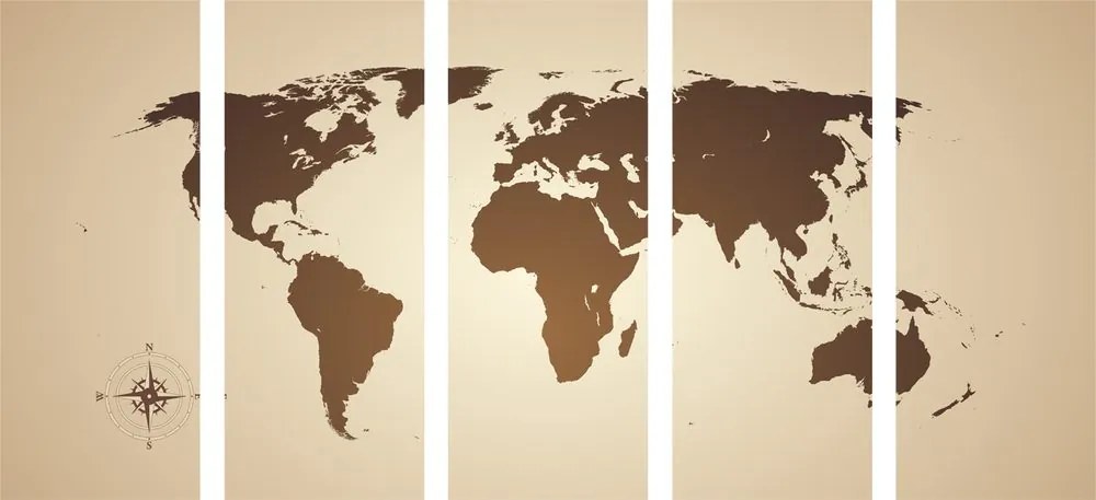 5-dielny obraz mapa sveta v odtieňoch hnedej Varianta: 100x50