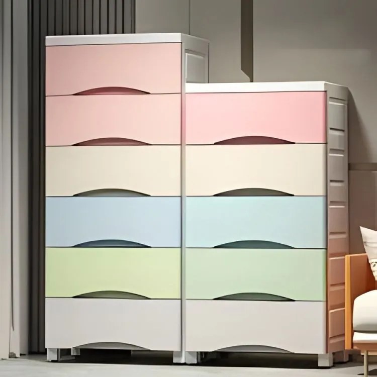 Polica s 5 výsuvnými zásuvkami, nohy s kolieskami, farebné zásuvky