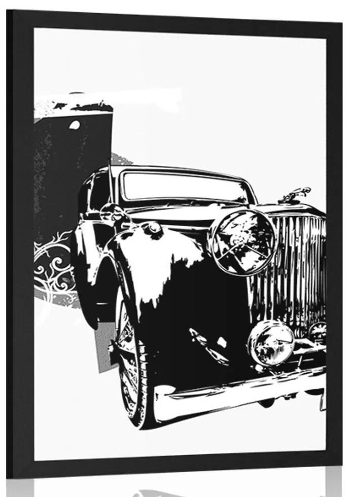 Plagát čiernobiele retro auto s abstrakciou - 30x45 white
