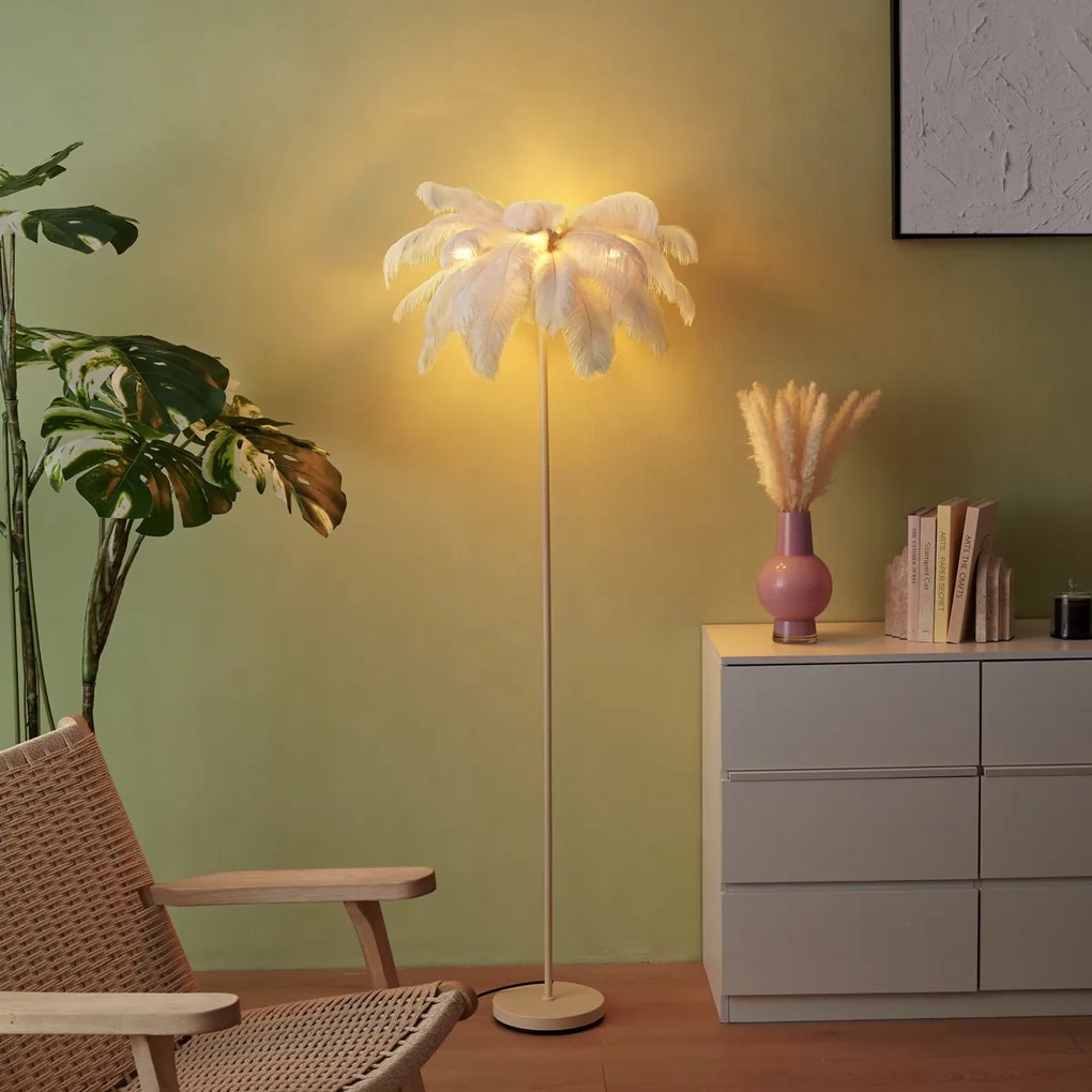 Art Deco stojacia lampa béžová s bielymi perami - Peahen