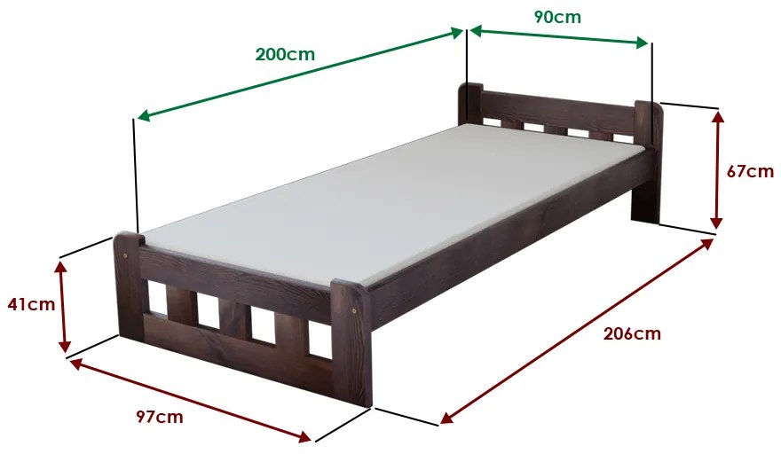 Posteľ Naomi zvýšená 90 x 200 cm, orech Rošt: S lamelovým roštom, Matrac: Matrac COCO MAXI 20 cm