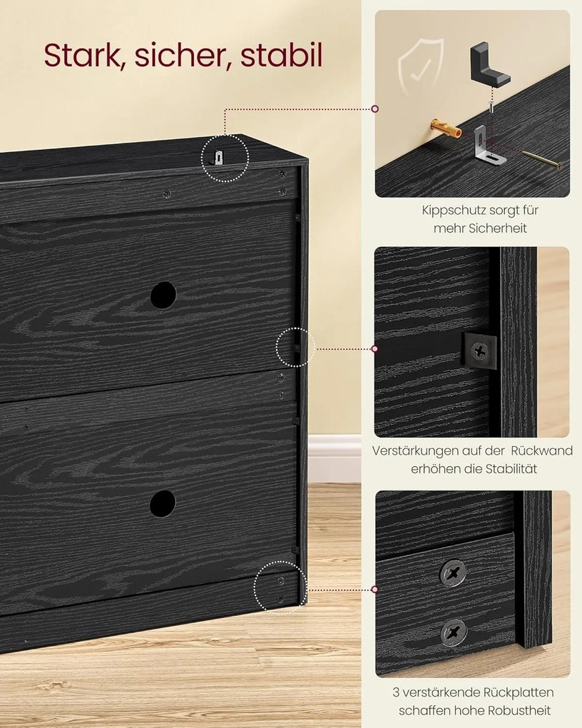 Skrinka na topánky so 4 výklopnými dvierkami, botník, 24 x 105,5 x 82,7 cm, čierna