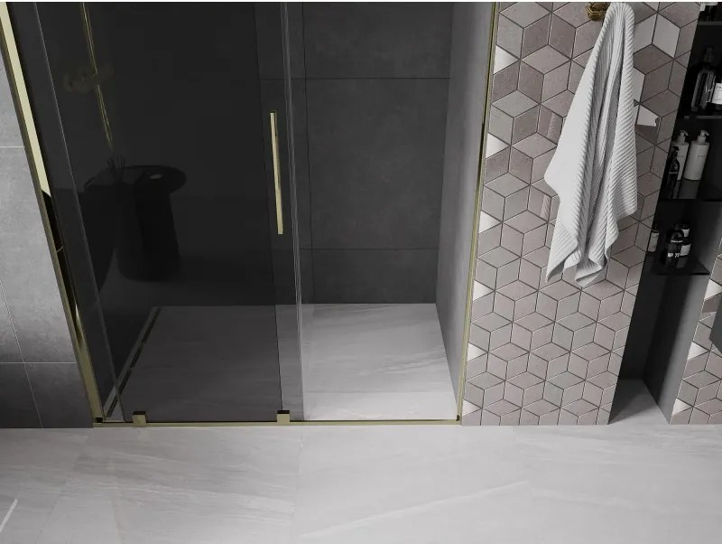 Mexen Velar, posuvné sprchové dvere do otvoru 160 cm, 8mm šedé sklo, zlatá lesklá, 871-160-000-41-50