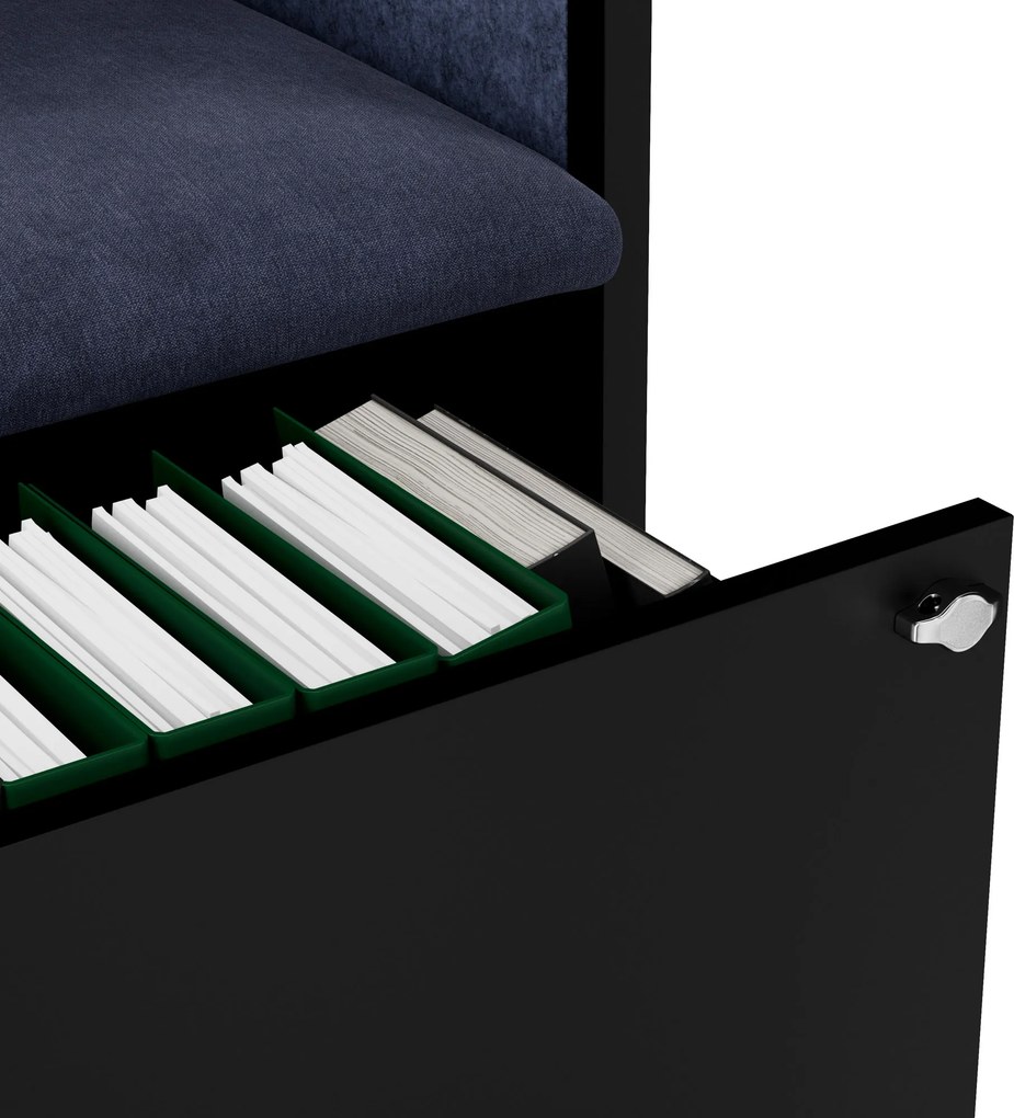 Kancelárska akustická kabína so sedadlom a portom USB-C, telo v čierny / sedák tmavomodrá v zelenej farbe, 600 mm: SALLY MentalBox