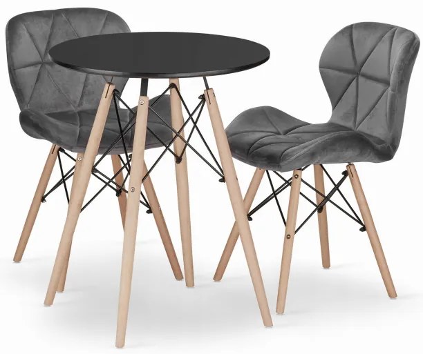 Jedálenský stôl TODI čierny 60 cm s dvoma stoličkami LAGO zamatové sivé
