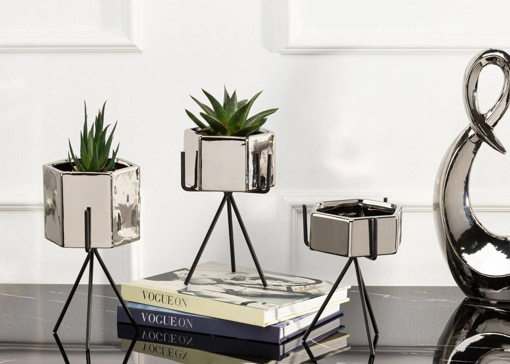 KERAMICKÝ KVETINÁČ SO STOJANOM SASHI 20X9,5 CM STRIEBORNÁ