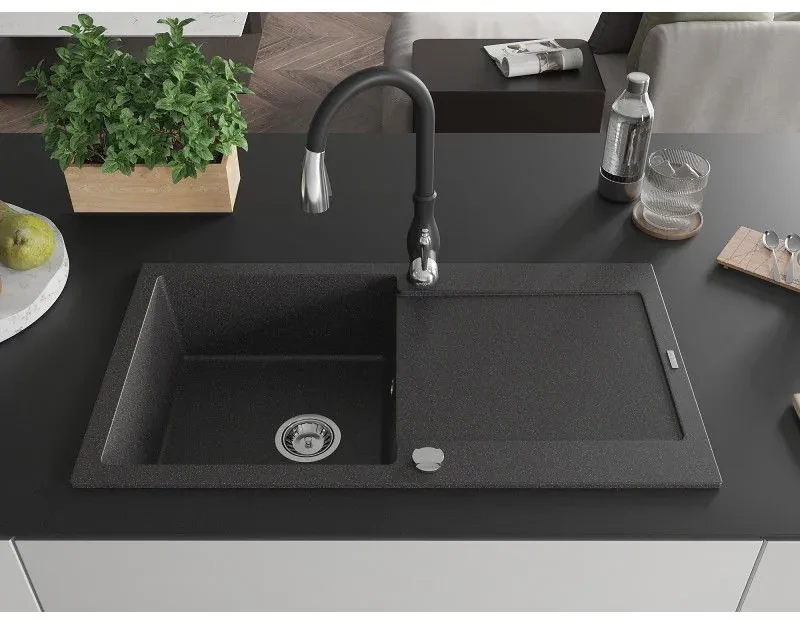 Mexen Leo, 1-komorový granitový drez 900x500x190 mm a drezová batéria Savita, čierna škvrtnitá, 6501-76-672601-70