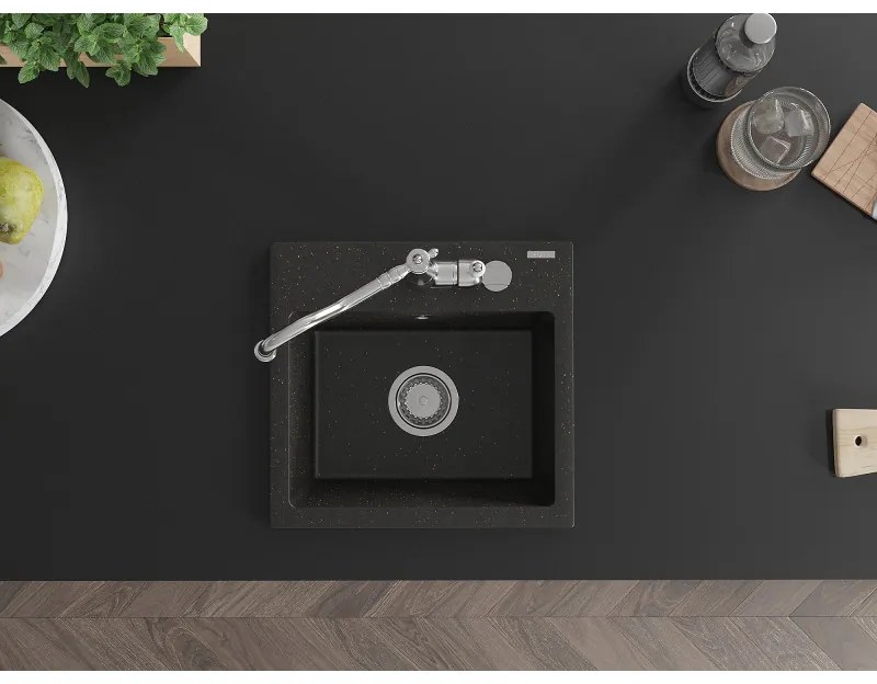 Mexen Milo, granitový drez 435x410x171 mm, 1-komorový a drezová batéria Carla, čierna-zlatá metalíza, 6505-75-670700-00