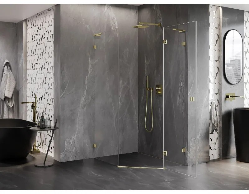 Mexen Lunar, L pravý výklopný päťuholníkový sprchový kút 80 x 90 cm, 8mm číre sklo, zlatý profil, 831L-080P-090L-50-00-P