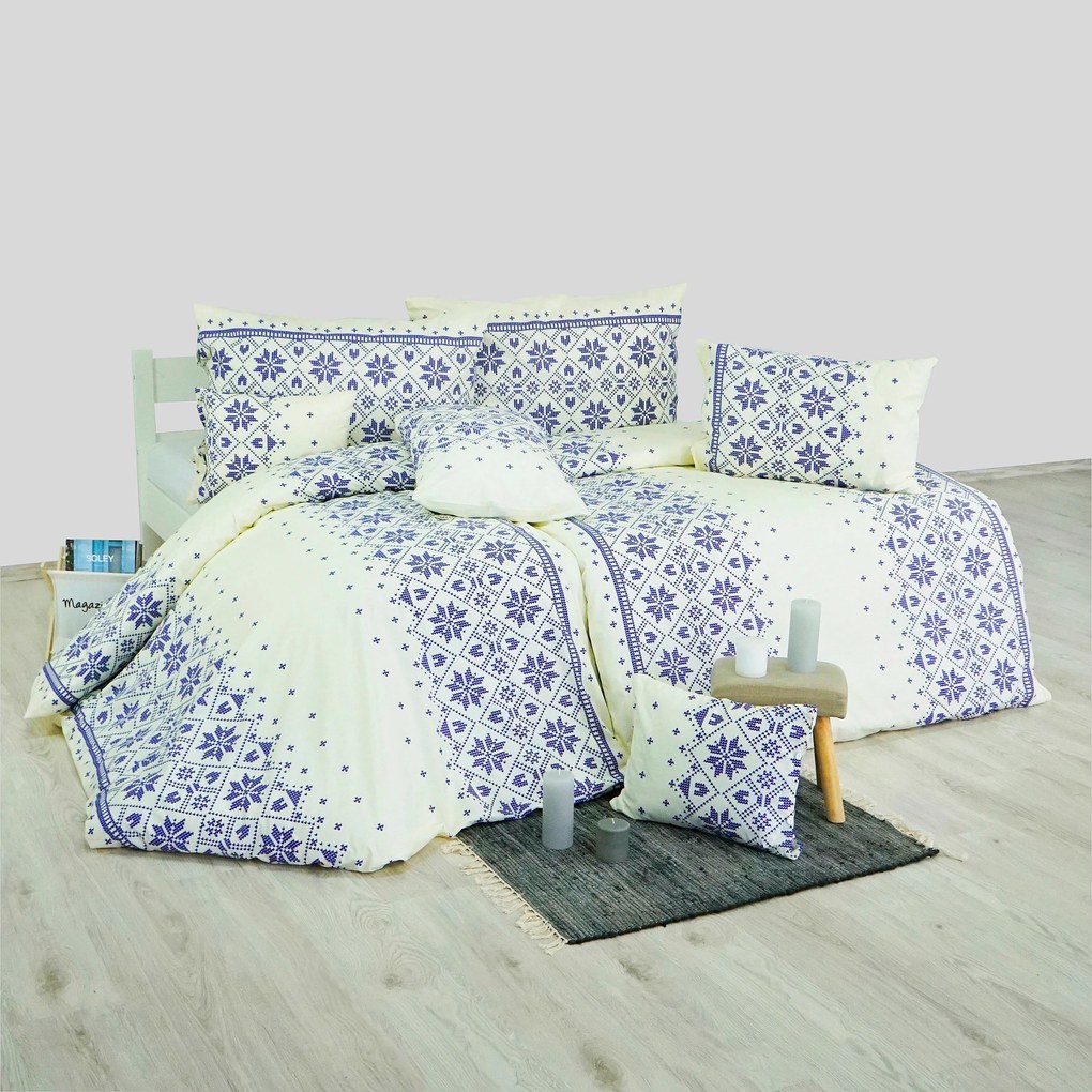 Obliečky bavlnené Etno krémovo-modré EMI: Predĺžený set jednolôžko obsahuje 1x 140x220 + 1x 70x90