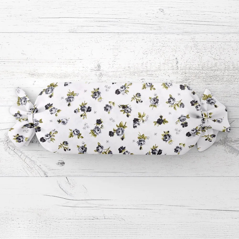 Biante Vankúš valec bonbon Sandra SA-345 Sivé ružičky na bielom 15x40 cm