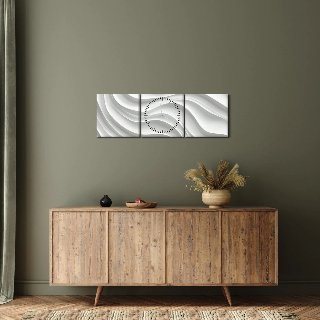 Obraz - 3D biele vlny (s hodinami) (90x30 cm)