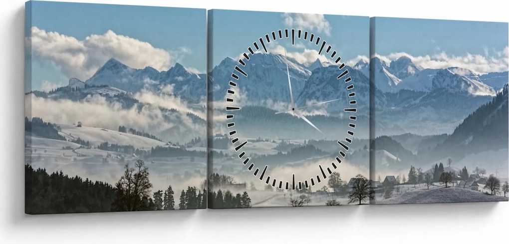 Obraz zasnežených hôr (s hodinami) (90x30 cm)