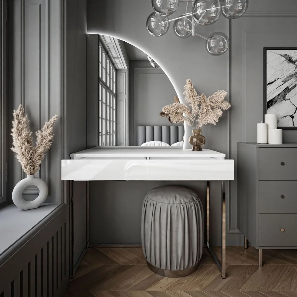 TOALETNÝ STOLÍK EMELINE BIELY LESK + CHRÓM LED ZRKADLO PRAVE