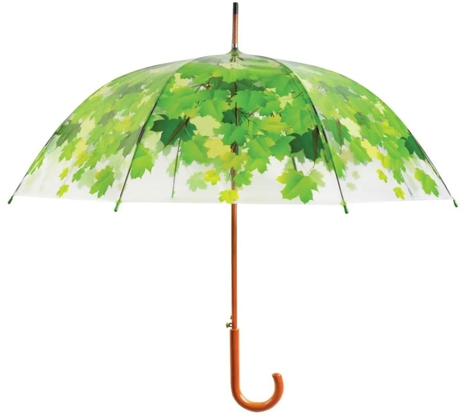 Transparentný dáždnik s rúčkou so zelenými detailmi Esschert Design Ambiance Birdcage Leaf, ⌀ 92,5 cm