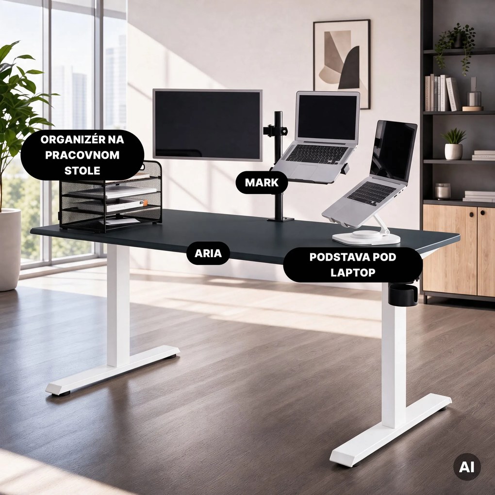 Elektrický stôl s nastaviteľnou výškou ergonomický bielo-antracitový,1600x800 mm: ARIA