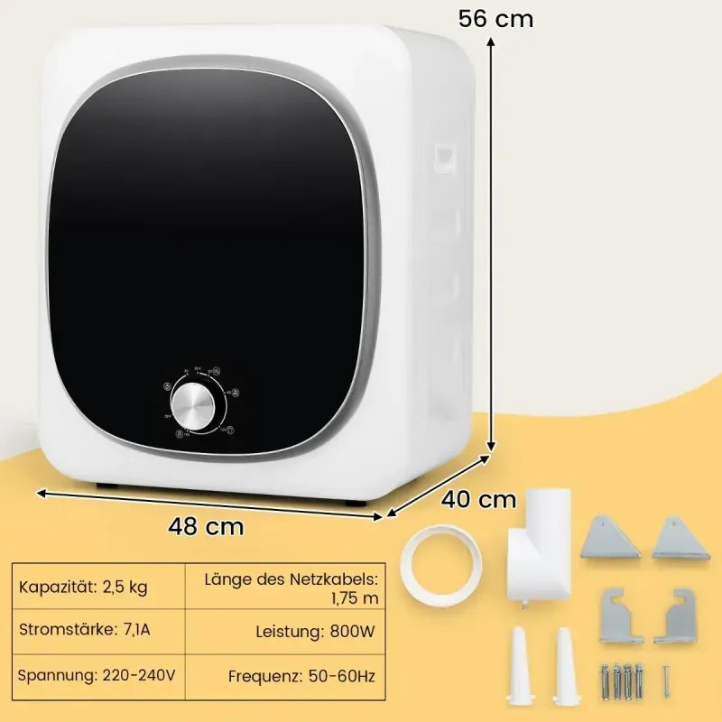 Mini sušička bielizne 5 kg s 5 programami do 69 ℃ Sušička vzduchu s odsávaním 800 W