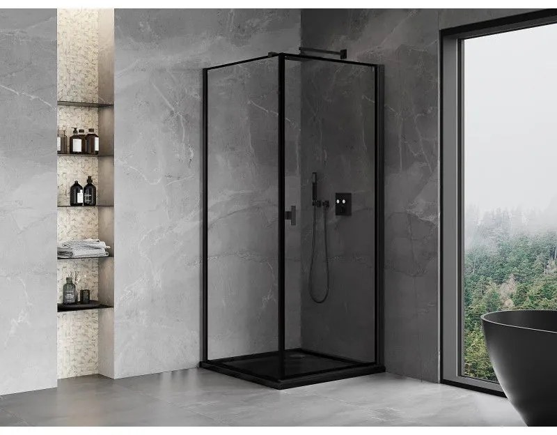 Mexen Mist-B, 1-krídlový výklopný sprchový kút, pravý, 70 x 70 cm, číre sklo-čierny rám, 8A2T-070-070-70-70-P
