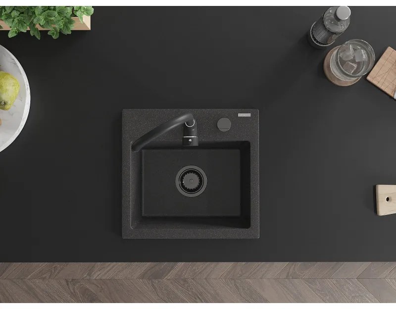 Mexen Milo, granitový drez 435x410x171 mm, 1-komorový, čierna-škvrny s čiernym sifónom, 6505441000-76-B