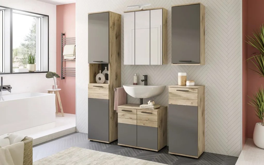 Kúpeľňová skrinka pod umývadlo Mason, dub/šedá