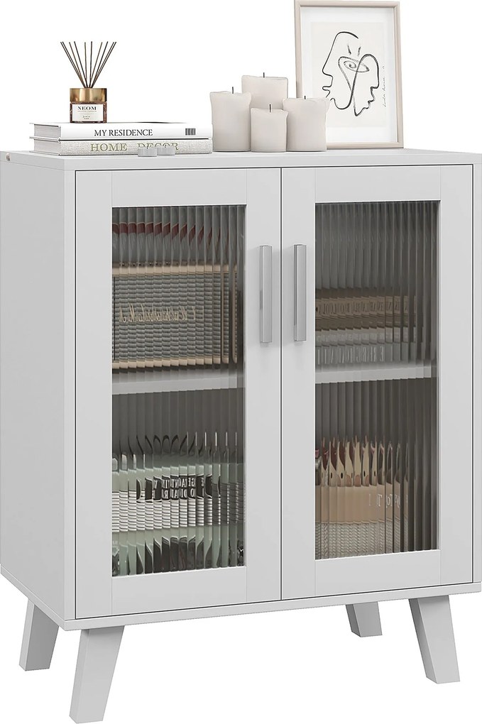 HOMCOM Moderný Komoda s 2 Priehľadnými Dverami, Viacúčelová Jednotka s 2 Poličkami do Kuchyne a Obývačky, 61x35x75cm, Biela | Aosom