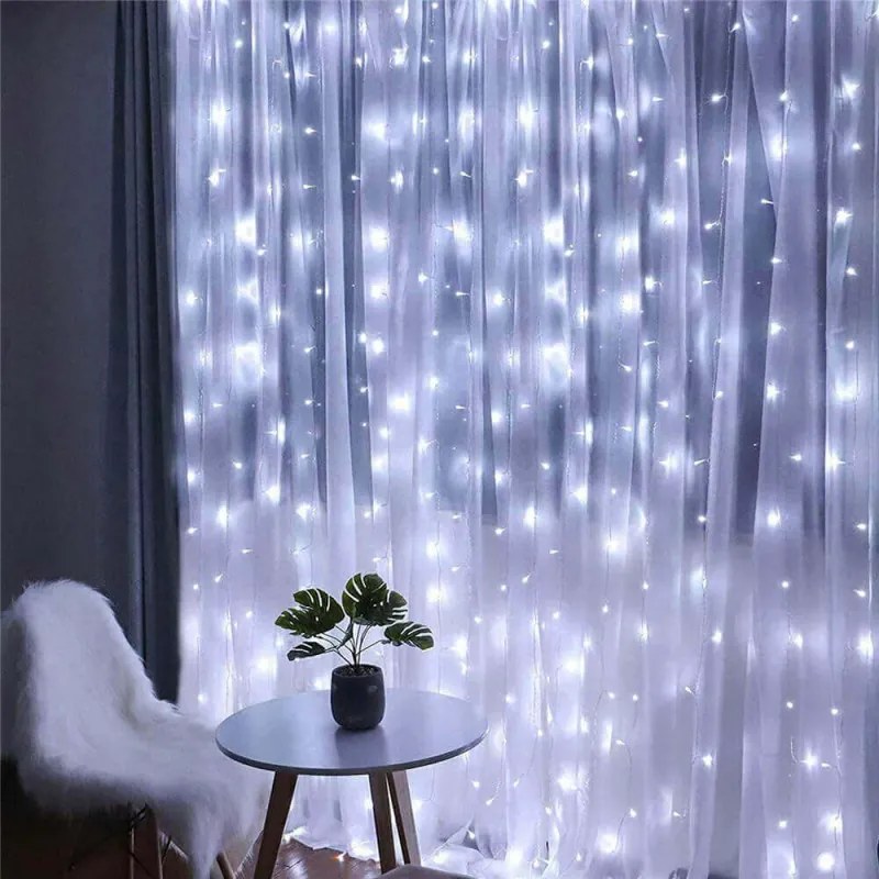 SPRINGOS LED Nano svetelný záves - 3x3m, 300LED, 8 funkcií, ovládač, USB, IP44, studená biela