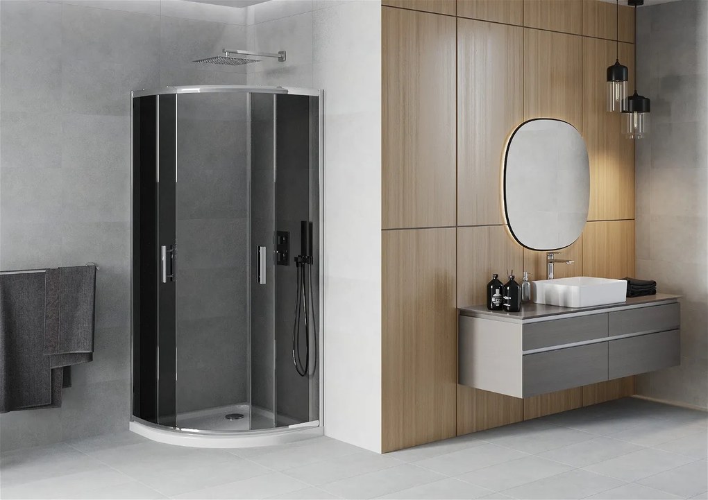 Mexen Rio, štvrťkruhový sprchovací kút s posuvnými dverami 90 x 90 cm, 5mm šedé sklo, chrómový profil + biela sprchová vanička, 863-090-090-01-40-4110