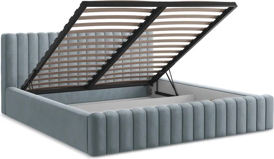 Svetlomodrá čalúnená dvojlôžková posteľ s úložným priestorom s roštom 140x200 cm Lemi – Makamii