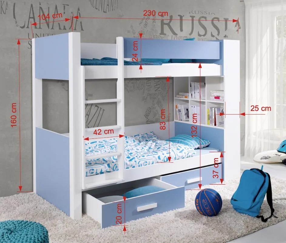 Detská poschodová posteľ z masívu borovice GASPAR so šuplíkmi a regálom - 200x90 cm - biela