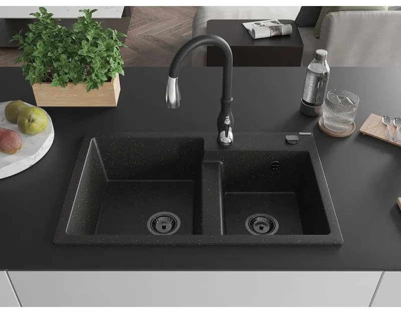Mexen Tomas, granitový drez 800x500x190 mm, 2-komorový a drezová batéria Savita, čierna-zlatá metalíza, 6516-75-672601-70-B