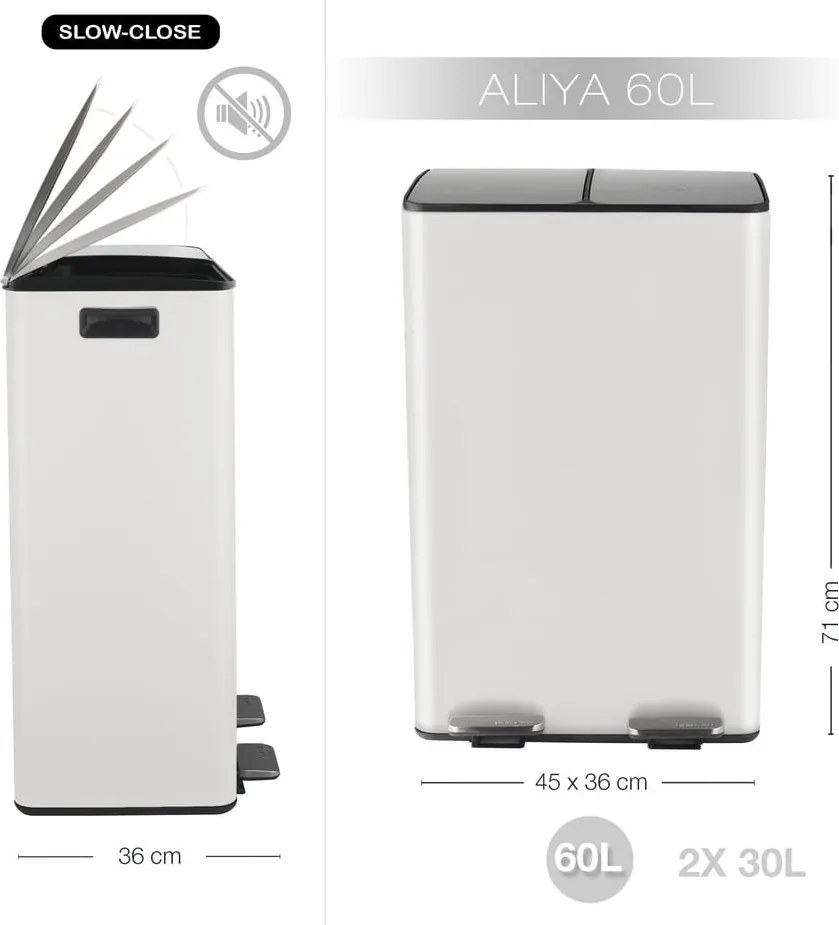 Matne biely oceľový odpadkový kôš 2x30 l na triedený odpad/nášľapný Aliya – Spirella