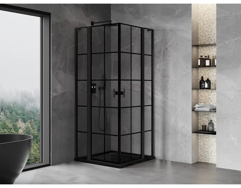 Mexen, Mexen Mist L Duo výklopný sprchový kút 115 x 115 cm, čierna mriežka - 8A4L-115L-115P-70-77