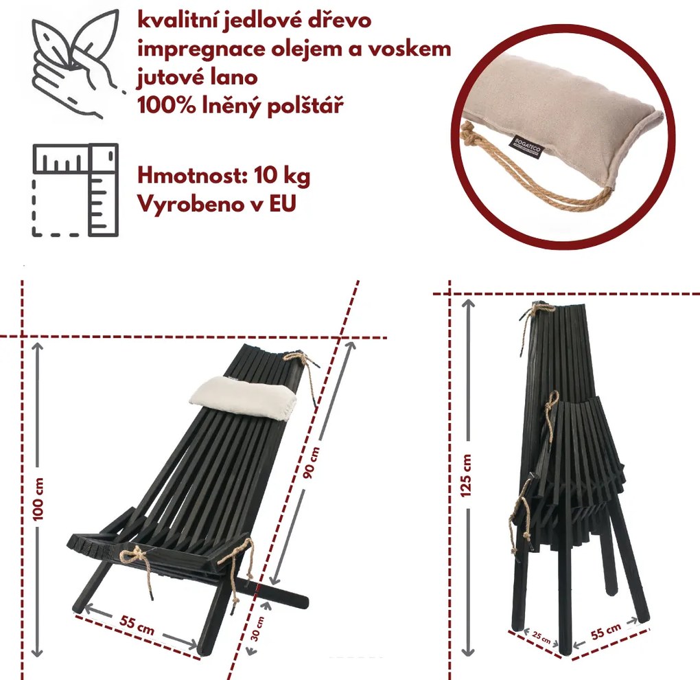 Skládací zahradní dřevěné křeslo s polštářkem - černé