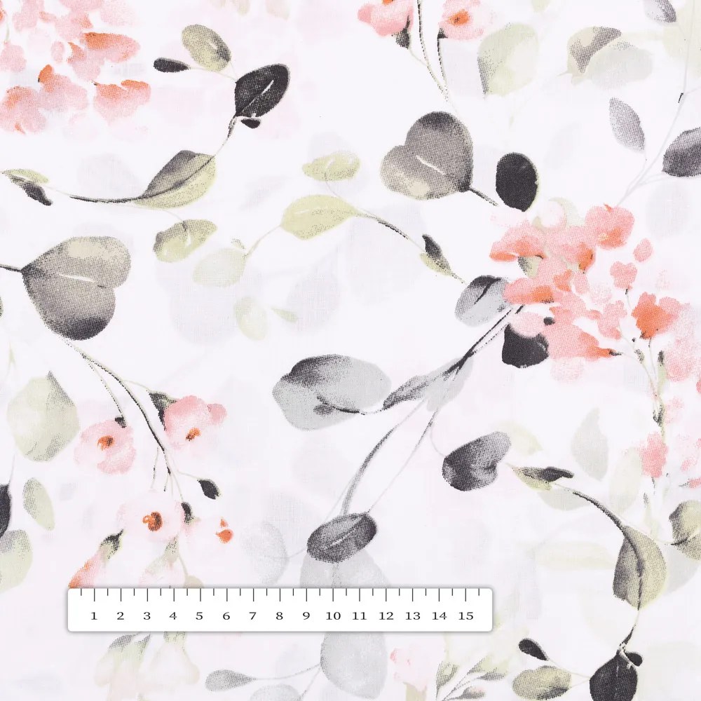 Biante Bavlnená obliečka na vankúš Sandra SA-288 Eukalyptus s ružovými kvetmi na bielom 50 x 50 cm